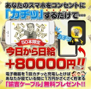 諭吉ケーブル、日給8万円？スマホをコンセントに差し込むだけ？